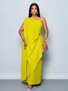 SOLERSUN 女士时尚优雅垂坠单肩长裙，配金色饰边细节 - 綠色 - 查看 3