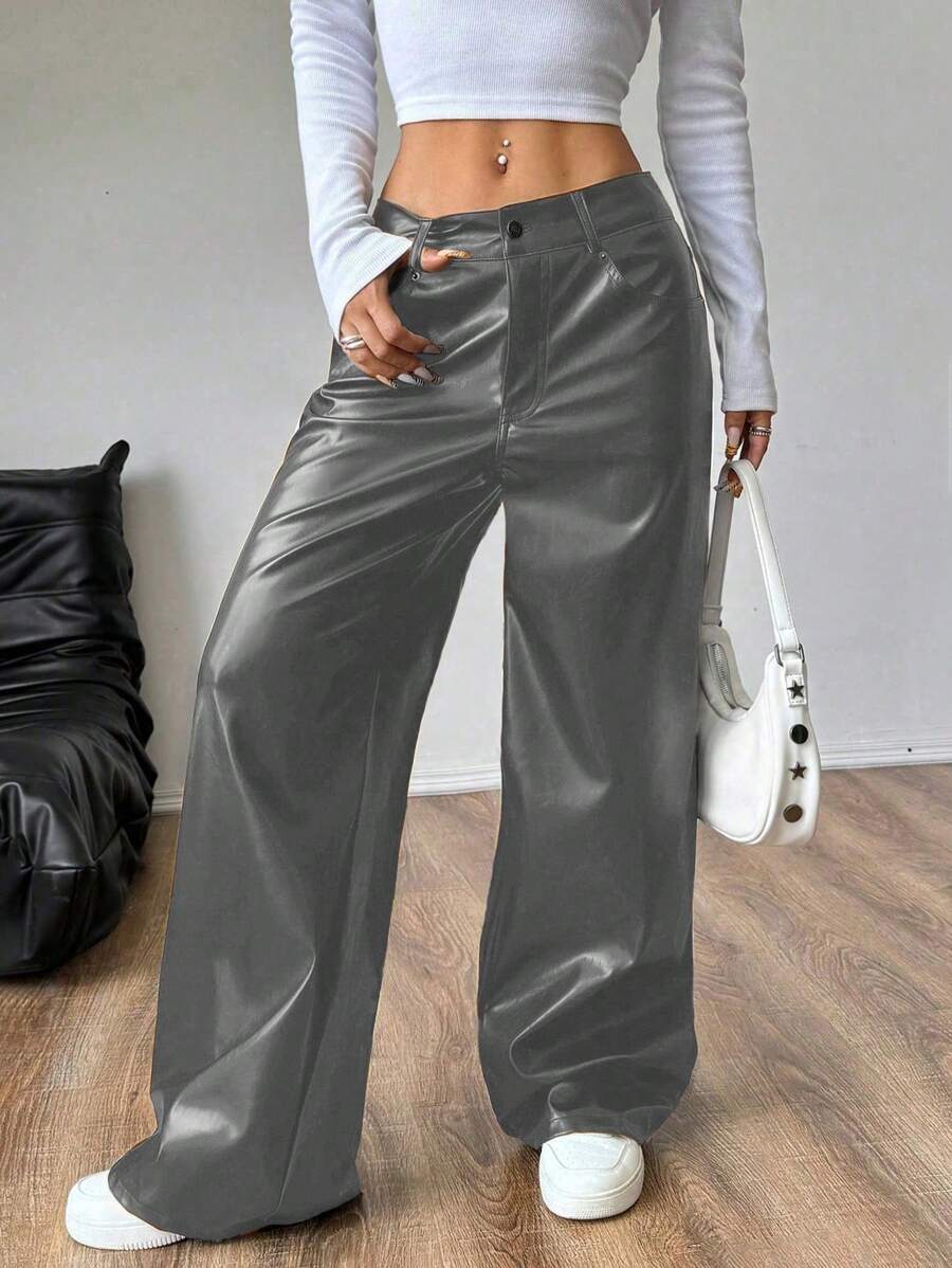 Flirla 女士宽松口袋 PU 皮革直筒裤
