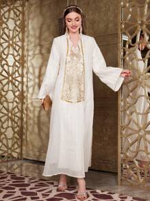 Layrah Women's Luxury Embroidered & Sequins Embellished Collar Loose A-Line Dress, Luxury Evening Dress Arabian Dresses - White - View 5