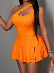 Slaydiva Mono casual de verano sexy asimétrico de un hombro, de línea A, ajustado y con recorte, para mujer
