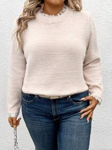 SHEIN CURVE+ Pull ample femme à manches longues avec dentelle contrastée, pull casual en tricot pour l'automne/l'hiver - Nude - Voir 6
