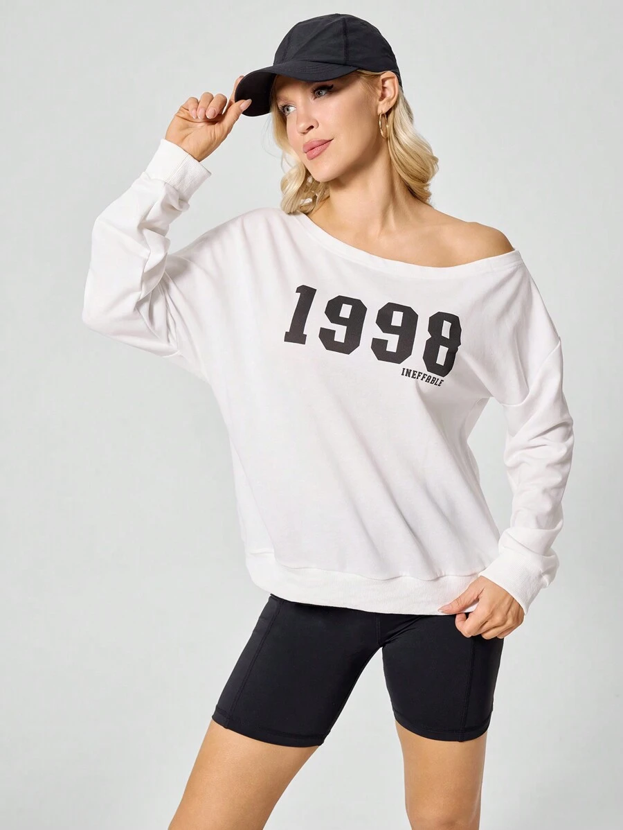 SHEIN Sports Áo nỉ dệt kim dài tay in số lệch vai cho nữ - trắng - Xem 1