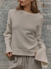 MUSERA 宽松圆领落肩长袖针织套头衫 - 杏色 - 查看 5