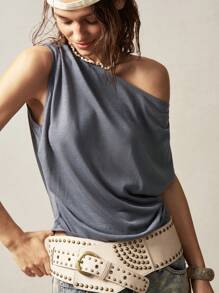 Bohemela 女士纯色针织不对称领口简约 T 恤，休闲日常穿着