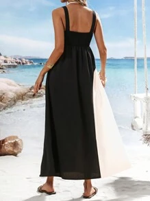 SHEIN VCAY فستان طويل كاجوال بسيط ذو حمالات عريضة، قطعات ملونة