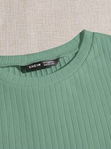 SHEIN EZwear 素色小褶邊羅紋針織T恤 - 綠色 - 查看 4