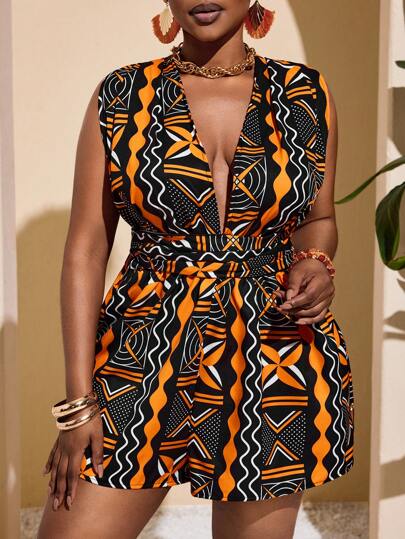 Veslaya 2025 Spring/Summer New Vacation Sexy Party Backless Halter Tie Waist Loose Shorts Set, Pattern Retro Print Plus Size Short Jumpsuit - Z