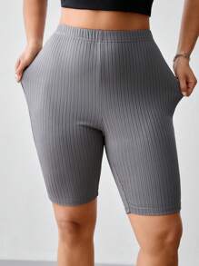 SHEIN BASICS Casual Solid Color Knitted Fitted Plus Size Shorts - Dark Grey - View 4