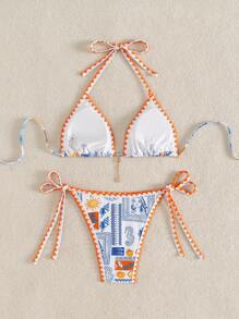 SHEIN Swim Swim Mod Women Summer Beach Holiday Random Print Ruffle Trim Top And Side Tie 2pcs Bikini Swimwear Set - Multicolor - View 2