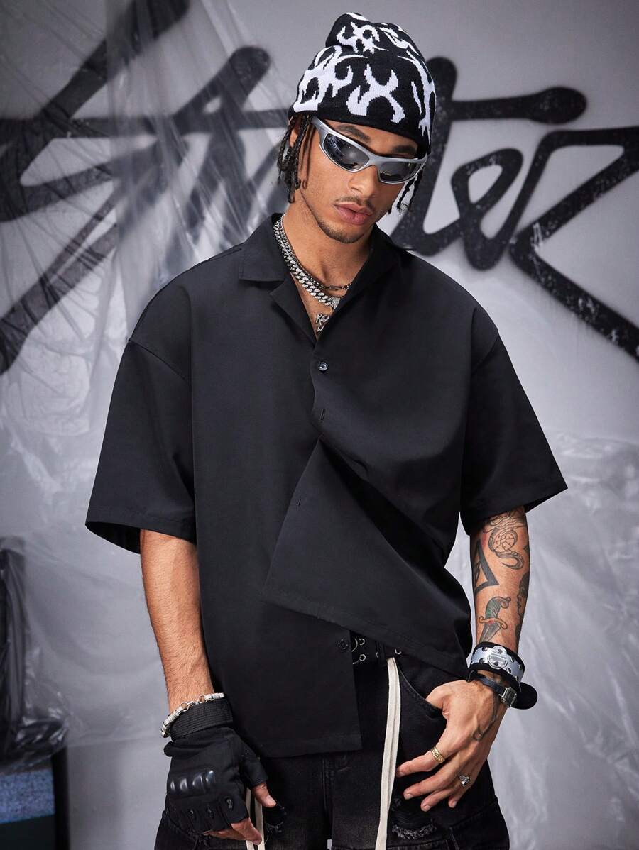 Manfinity VCAY Men's Casual Loose Woven Cross Print Short Sleeve Shirt