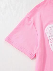 SHEIN Sweetra Young 2 件套 Tween Girl 套装，休闲和度假百搭蝴蝶结短袖上衣和喇叭裤，适合度假、校服、春季、夏季、秋季，无传统图案、花卉/部分装饰 - 彩色 - 查看 7