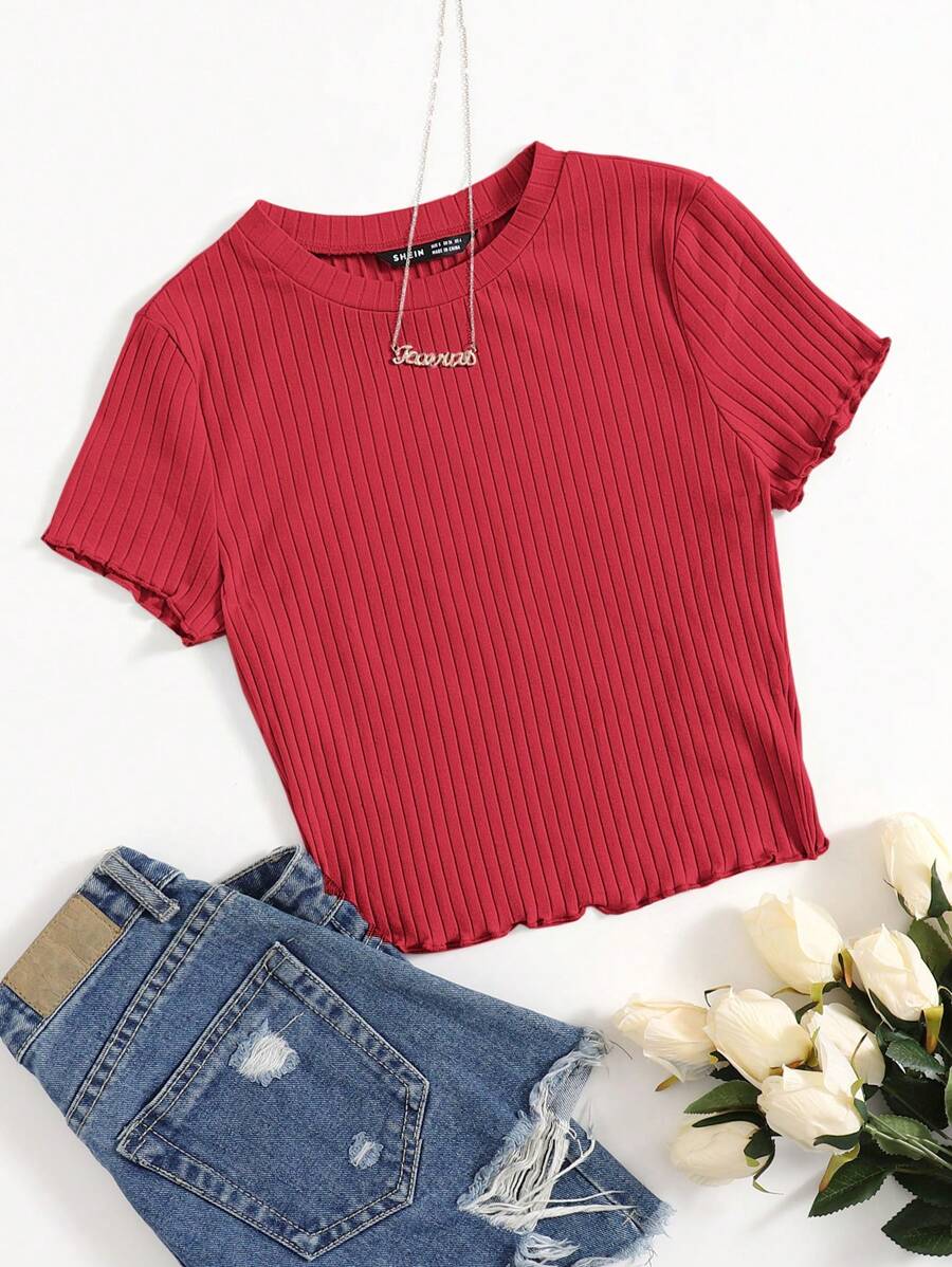 SHEIN EZwear Solid Lettuce Trim Rib-knit Tee - Burgundy - View 1