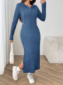 Muchica Navy Blue Ribbed Turtleneck Midi Bodycon Dress For Women - Royal Blue - View 4