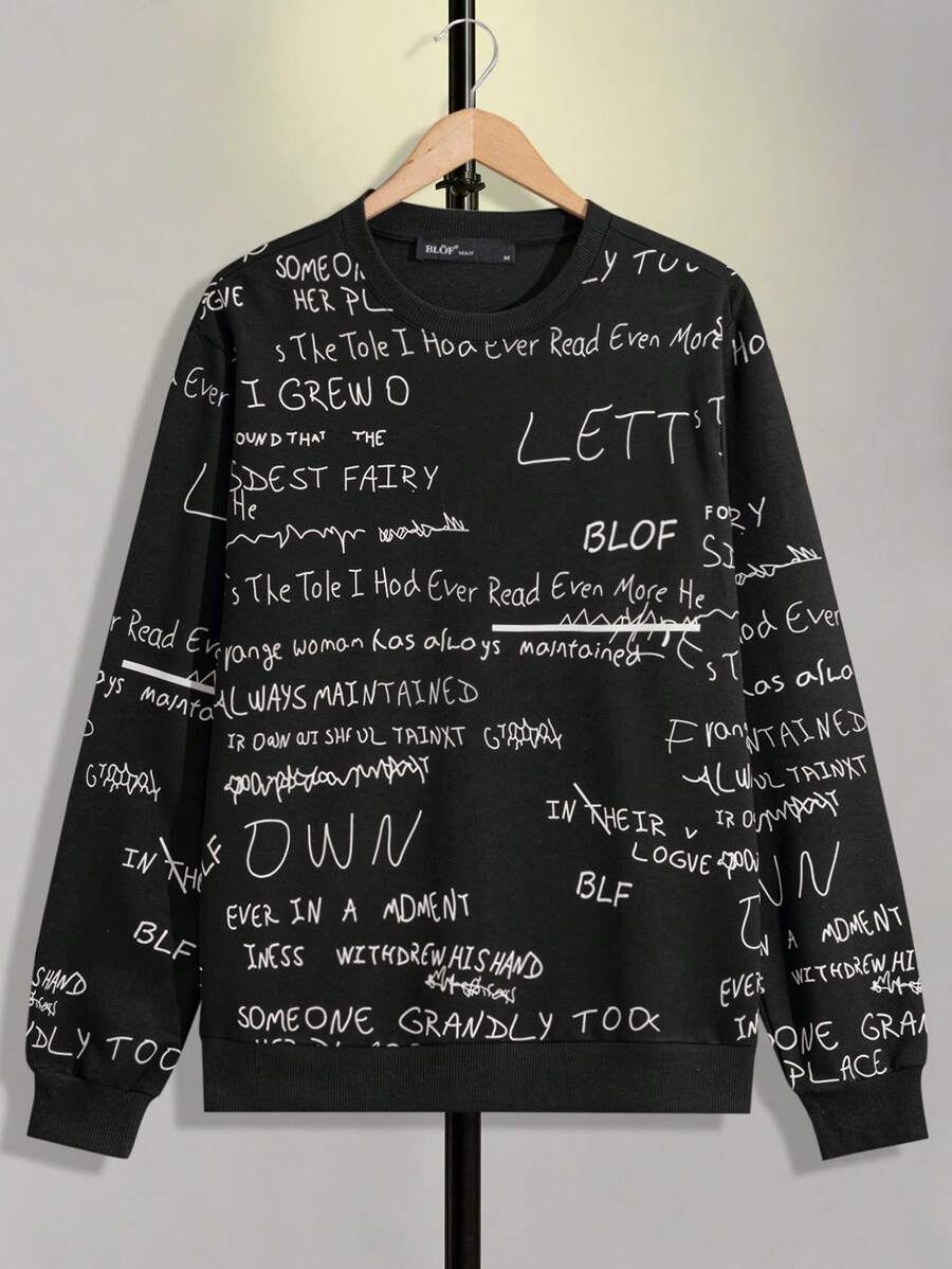 RueChic Men Allover Letter Printed Crew Neck Regular Sweatshirt - Black - View 1