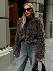 Aloruh Women's Fashionable Sexy Short Faux Fur Coat, Autumn/Winter New Arrival - Brown - View 6