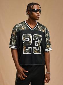 Forever 21 Men Stripe Panel Letter Graphic Print Short Sleeve Jersey T-Shirt, Casual Daily Wear, Street Wear, Boyfriend Gift