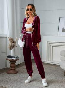 SHEIN LUNE 2pcs/Set Women Casual Hooded Velvet Long Sleeve Outfit, Autumn