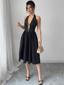 Selianne 女士优雅性感水钻蝴蝶结露背吊带中长连衣裙