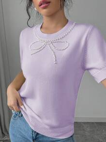 Elenzga Women Faux Pearl Decor Bow Knit Top, Round Neck Short Sleeve Casual For New Year Clothes - Dusty Purple - View 6