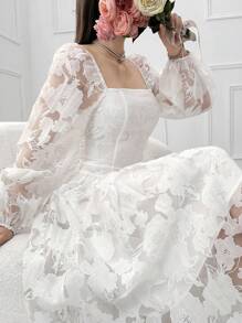 Feyla 女士方领长袖花卉提花优雅中长连衣裙 - 白色 - 查看 2