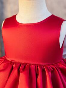 Valentine's Day Holiday Infant Girls Romanic Ruffled No-Sleeve Dress With Bow Accent, Suitable For Party, New Year, Spring Season - Burgundy - View 8