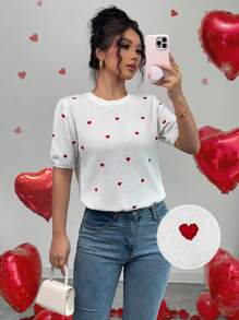 SHEIN Unity 女士常规圆领心形刺绣短袖针织上衣，百搭轻便，适合春夏季 - 彩色 - 查看 1