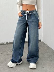 LOW WAIST WIDE LEG ELASTIC JEAN PANT - Medium Wash - View 4