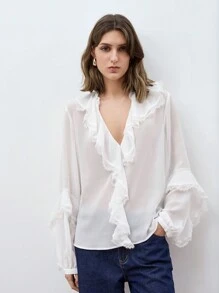 Maija Blusa de manga abullonada con cuello en V y ribete de volantes, camisa holgada y versátil de manga larga con botones delanteros y detalles de volantes en estilo bohemio para principios de primavera, en un look urbano y elegante