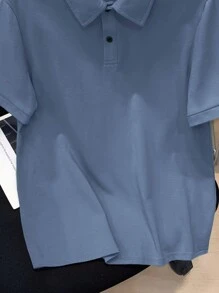 SHEIN 青少年男孩休闲度假风格半开领套头衫短袖宽松针织 Polo 衫 - 霧霾藍 - 查看 4