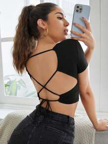 SHEIN EZwear Lace Up Backless Crop Tee - Black - View 6