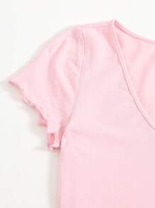 SHEIN EZwear V-Neck Lettuce Trim Top