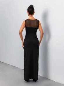 Chiquease 女士小立领无袖网眼垂坠领紧身衣搭配高腰鱼尾下摆长裙套装 - 黑色 - 查看 2