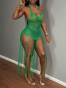 Slaydiva Vestido de punto con flecos de estilo de playa calado con tejido de ganchillo - Verde - Ver 4