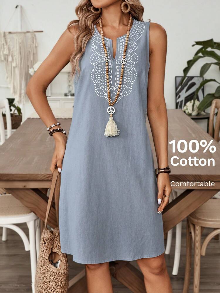 Women's Color Block Vintage Pattern Notched V-Neck Sleeveless Summer Dress Linen Dress Blue Women Dresses
