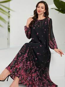 Lacomfia Chiffon Swing A-Line Printed Dress, Spring/Summer,Modest