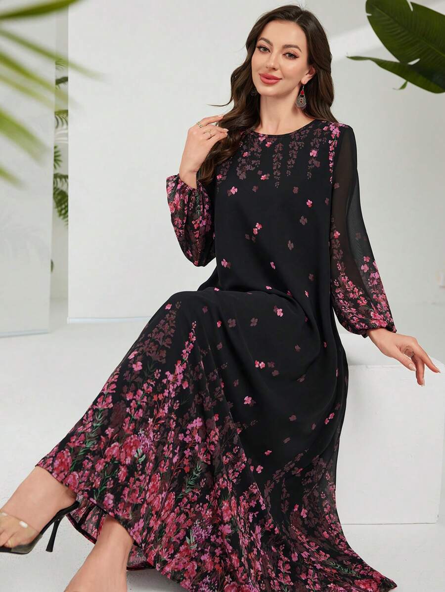 Lacomfia Chiffon Swing A-Line Printed Dress, Spring/Summer,Modest