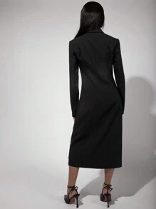 COSMINA Modest Women's Solid Color Front Button Long Sleeve Pocket Minimalist Long Dress - Black - View 2