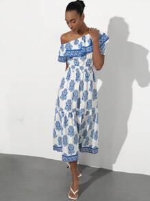 Aveloria Modichic Vestido largo tipo A elegante de vacaciones con estampado vintage, corte de cintura marcado, hombros con volantes y contraste de color azul para mujeres