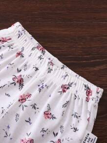 2 Stück/Set Baby Mädchen 0-3 Jahre Kleinkind Lässig vielseitig bequem Ditsy Blumen & gerippter gestrickter Volantärmel Top und Shorts Set