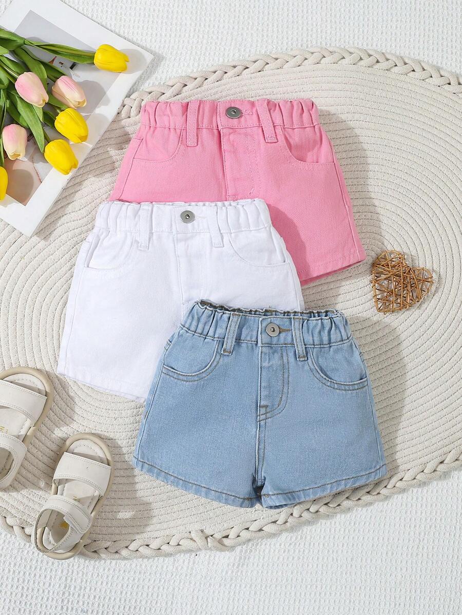 SHEIN Paquete multiusos de pantalones cortos vaqueros casuales de ajuste holgado para bebé niña - Multicolor - Ver 1