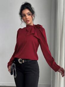 Gloray Women's Solid Color Elegant Versatile Tie Collar Puff Sleeve Blouse - Red - View 5