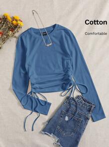 SHEIN EZwear Áo thun nữ Dây kéo Xù màu trơn Giải trí - Màu xanh bụi bặm - Xem 6