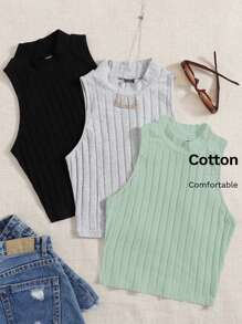 SHEIN EZwear 3 Pack Mock Neck Rib-knit Tank Top