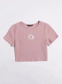 SHEIN EZwear Daisy Embroidered Rib-knit Tee - Dusty Pink - View 5