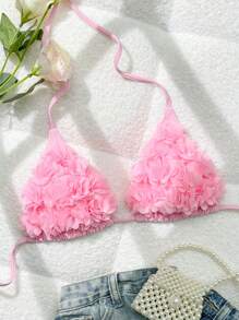 Swim Mod Women's Halter Neck Floral Print Bikini Top, Summer Beach Vacation - Baby Pink - View 3