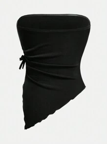 SHEIN Girlism Camiseta sin mangas de punto ajustada y casual con dobladillo asimétrico y fruncido para niñas adolescentes de unicolor - Negro - Ver 2