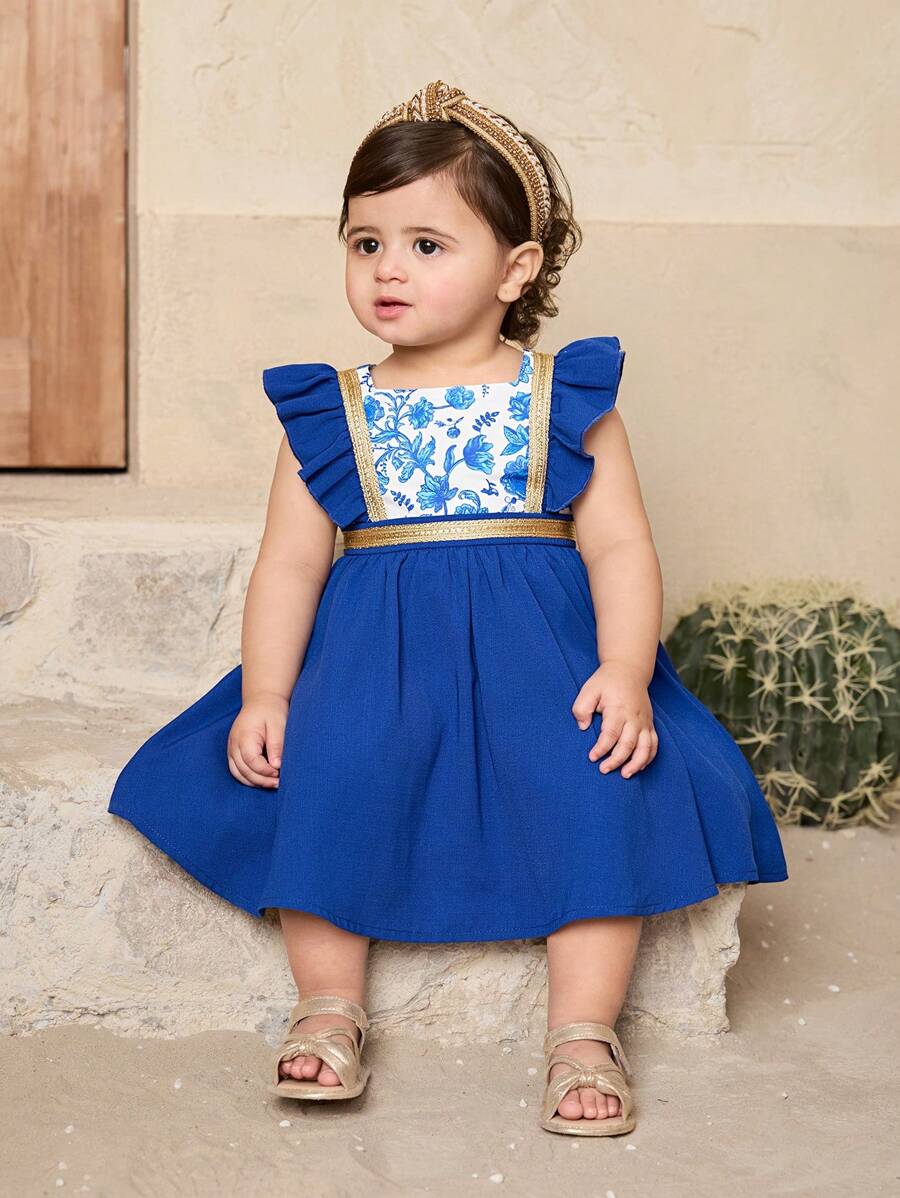 SHEIN Baby Girl Cute Floral Print Mini Dress, Vacation Style, Summer - Blue - View 1