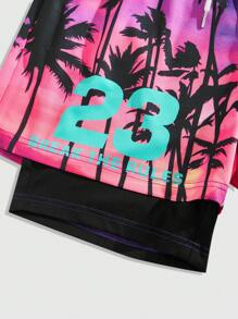 ROMWE MEN Prep Men's Jersey Vacation Casual Coconut Tree Print Drawstring Waist Shorts