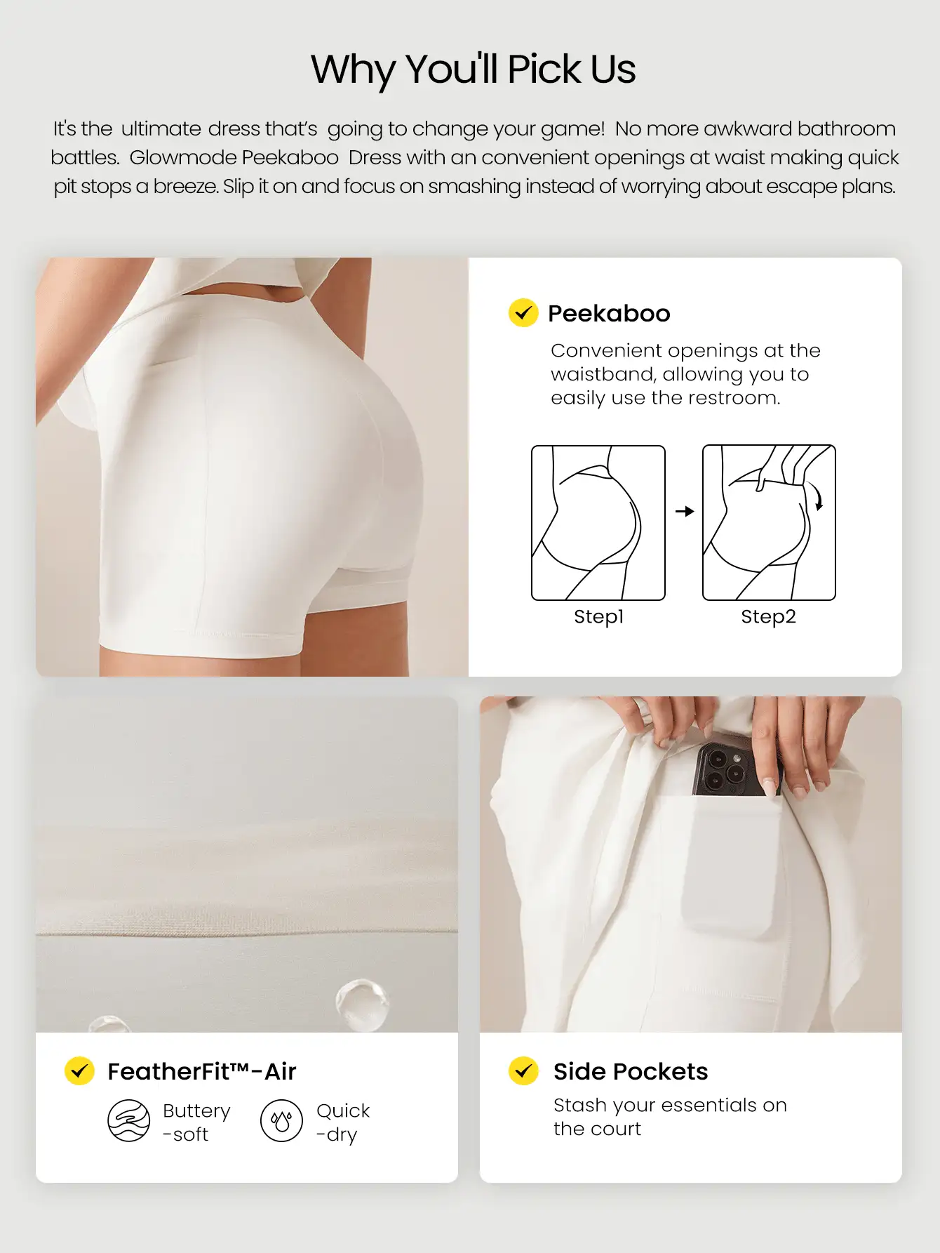 GLOWMODE Quick-Dry V Neck Strappy Back Peekaboo Active Dress With Built-In Shorts Low Impact Yoga Daily Removable Cups - White - View 2