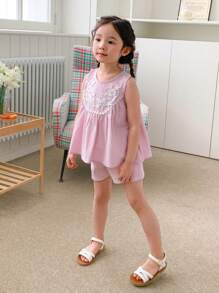 DAZY Girls Embroidered Flowers Round Neck Sleeveless Top And Shorts Set, Simple Style,Girls Summer Outfits - Pink - View 2